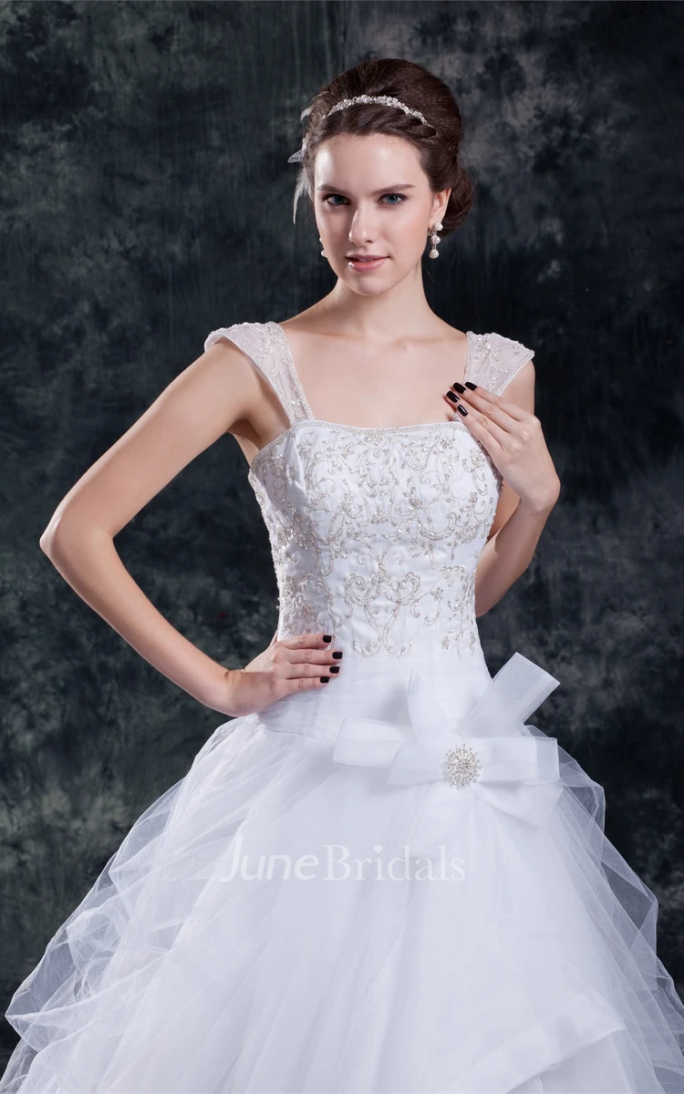 Caped-Sleeve Tulle A-Line Ball Gown with Beading and Embroideries