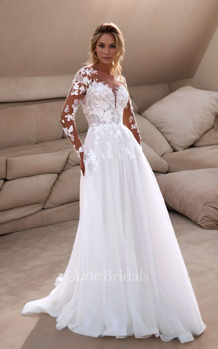 Romantic Floral A-Line Bohemian Lace Sheer Long Sleeve Winter Wedding Dress Illusion Modern Plunging Appliques Bridal Gown