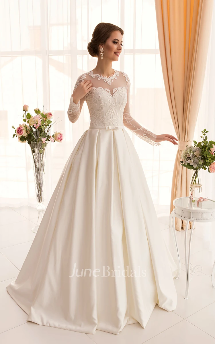 A-Line Long Jewel Long-Sleeve Illusion Satin Dress With Appliques