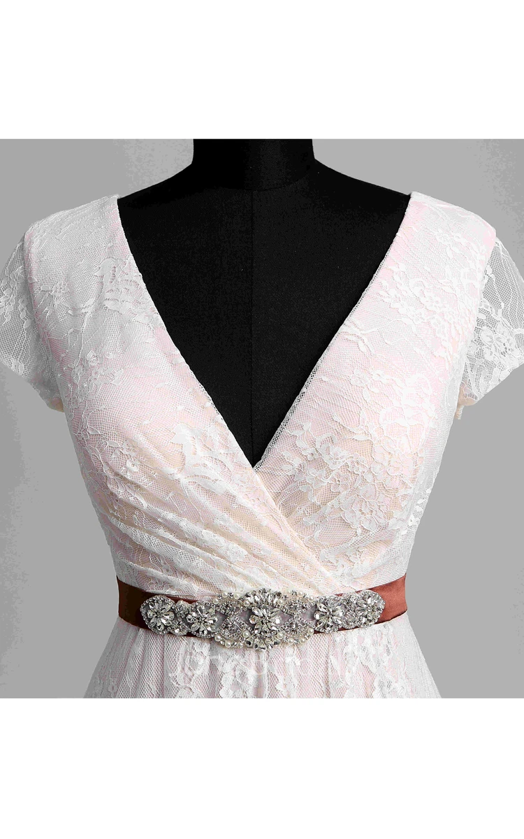 Short Sleeve V-neck Pleated Long Lace Wedding Dress