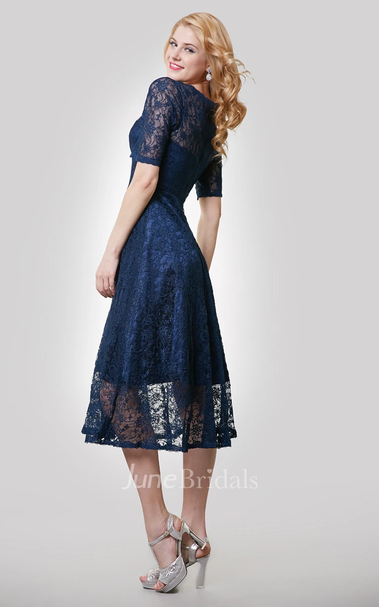 Half Sleeve Lace Tea Length Dress With Jewel Neckline