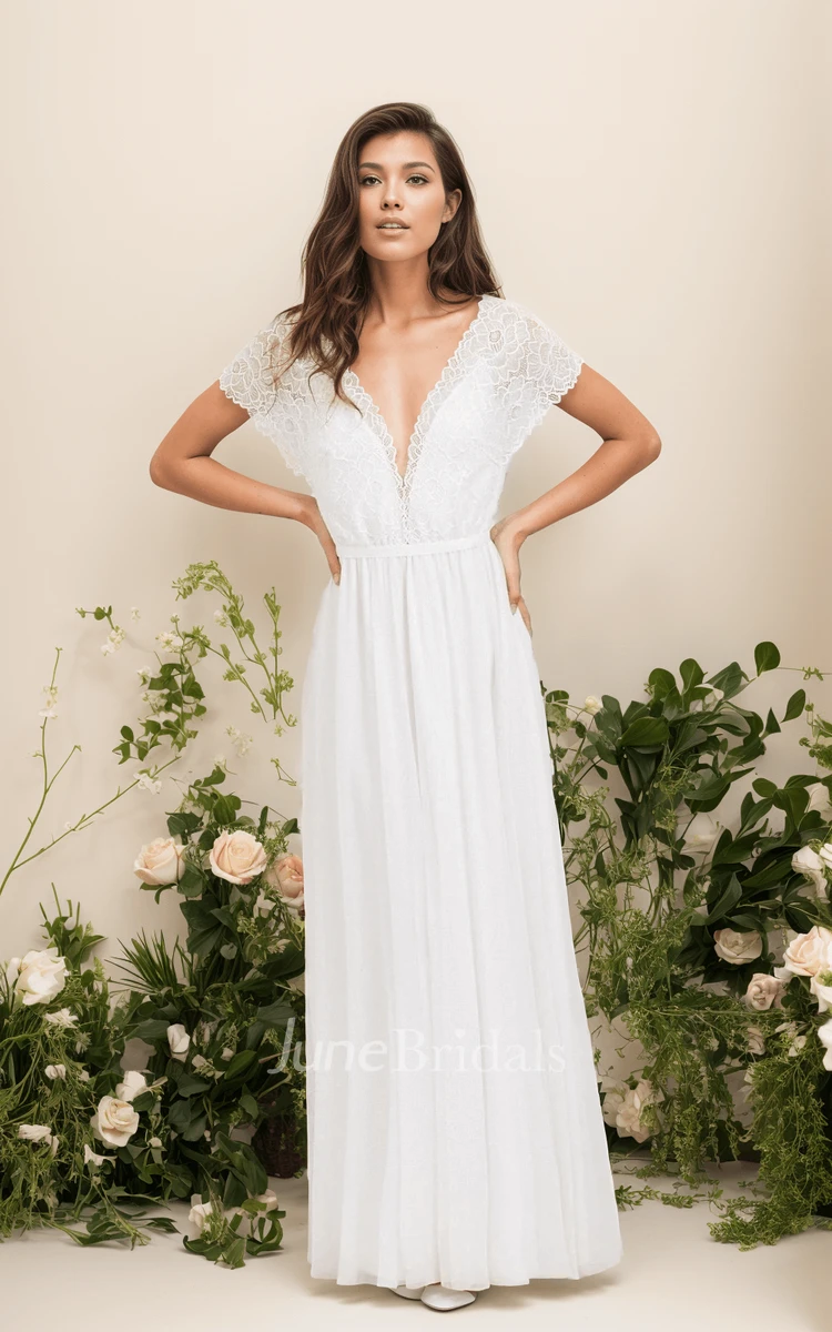 Sexy Plunging Neckline Boho Lace Short Sleeve A-Line Floor-length Wedding Dress with Ribbon Deep-V Back