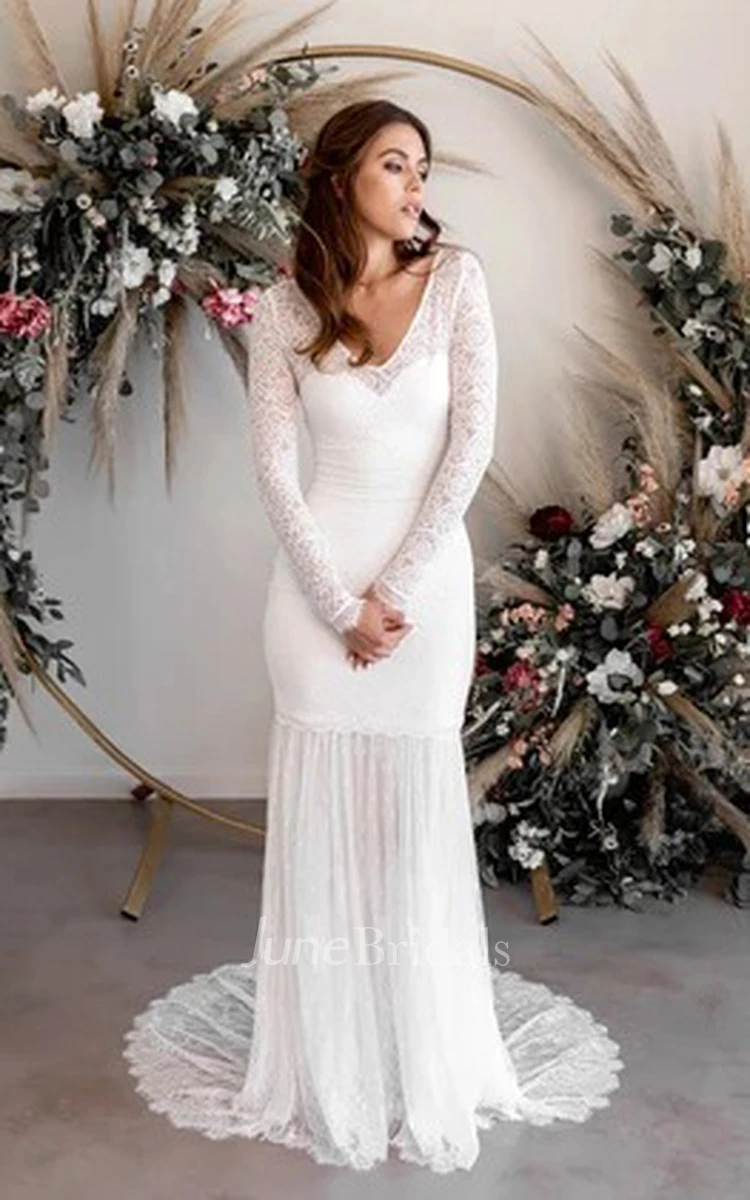 Sexy Sheath V-neck Long Sleeves Pleat Wedding Dress with Sweep Train