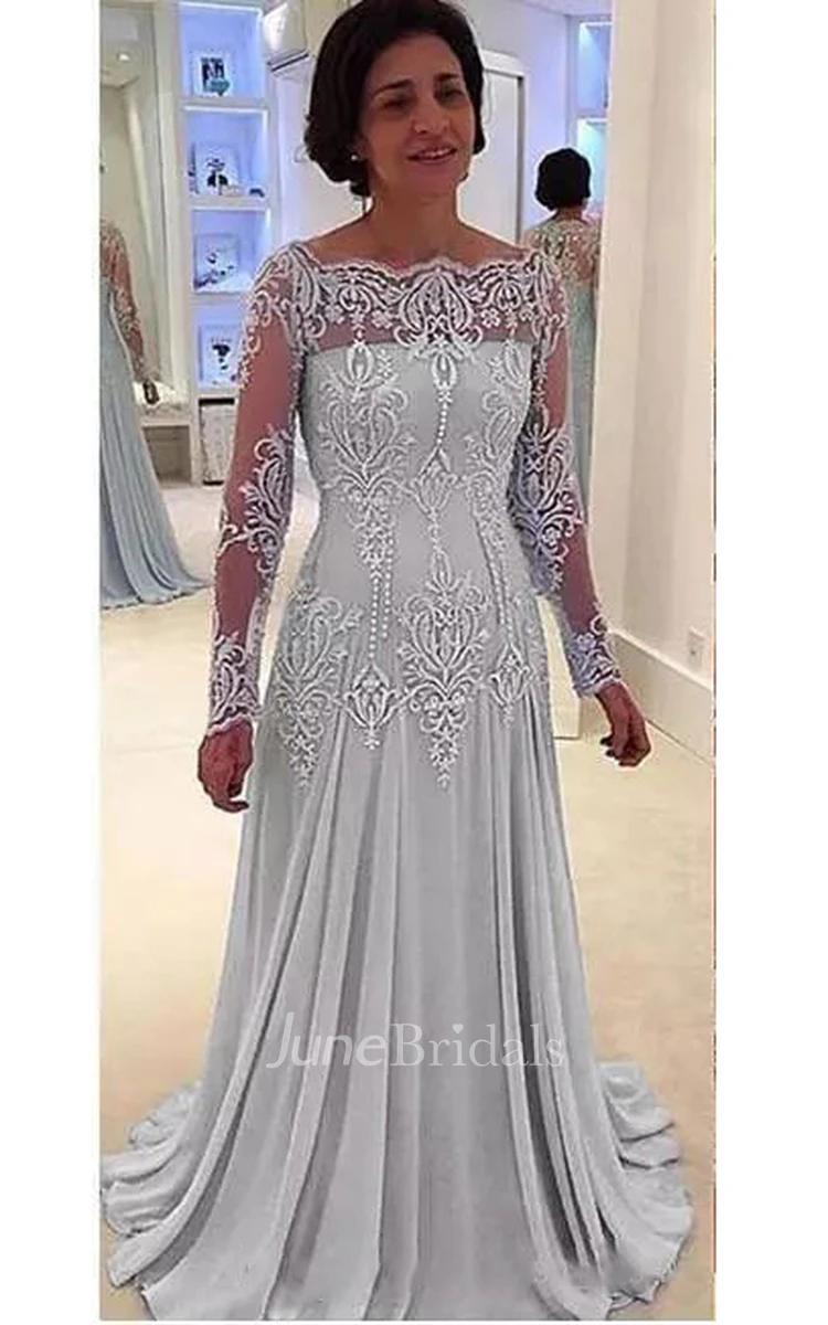 A-line Bateau Illusion Long Sleeve Floor-length Chiffon Lace Mother of the Bride Dress with Pleats