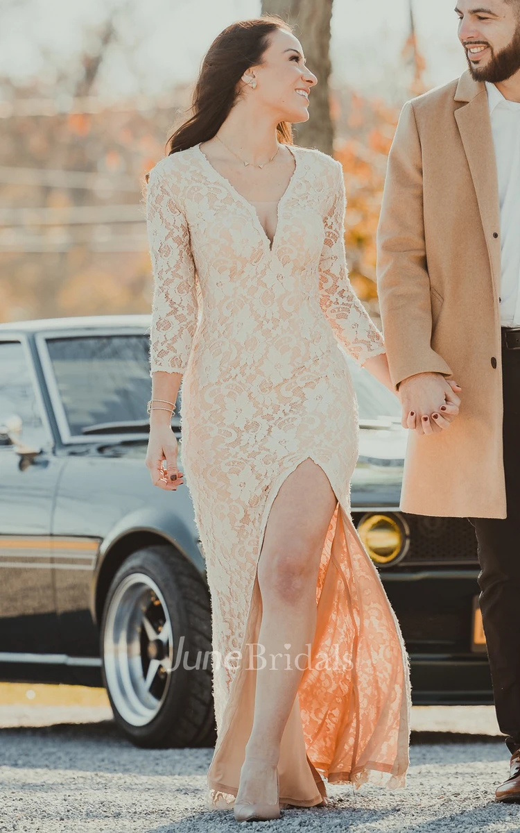 Simple Sheath V-neck Lace Wedding Dress With 3/4 Length Sleeve And Open Back