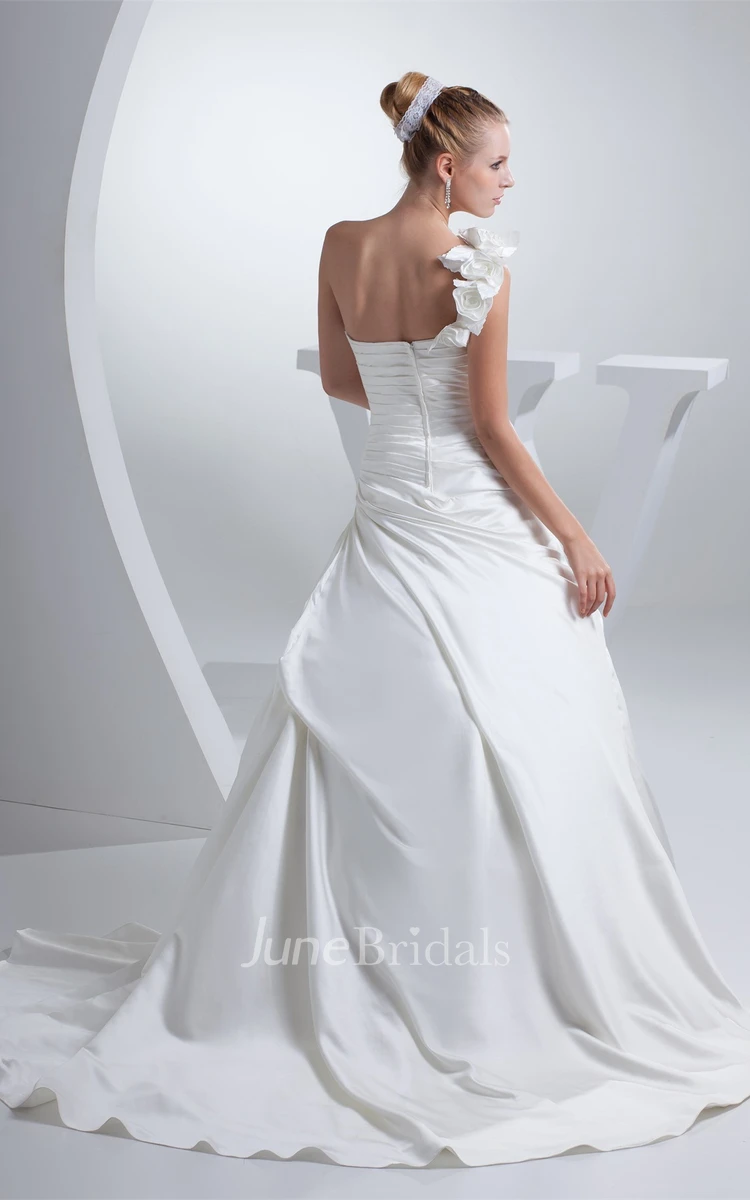 Flowered One-Shoulder Ruched Satin Dress with Side Draping and Ruffles