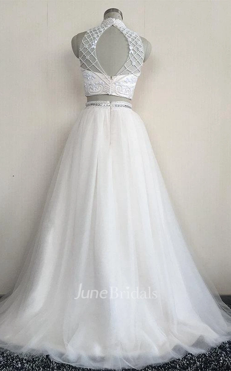 Two Piece High Neck Sleeveless Tulle Dress With Beading