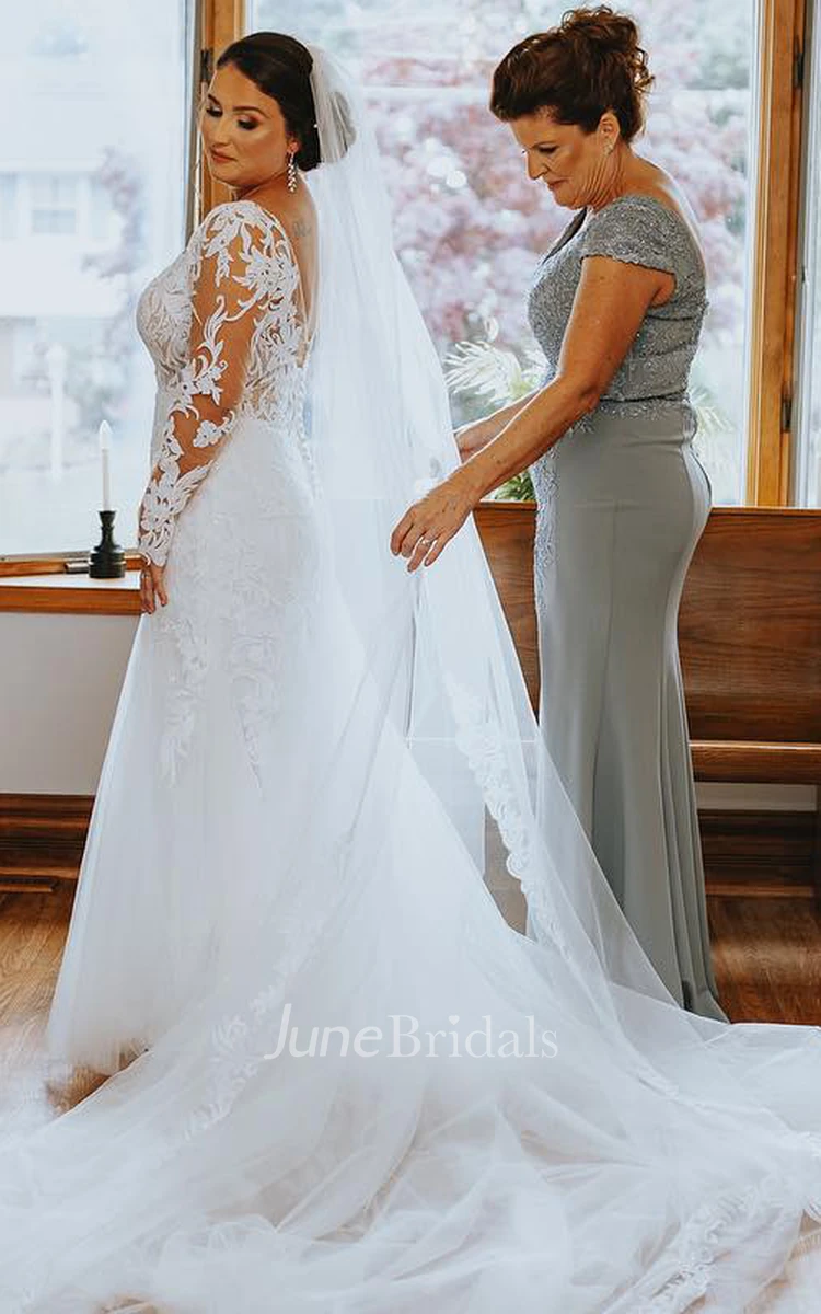 Plus Size V-Neck Illusion Long Sleeve Adorable Lace Mesh Garden Wedding Dress with Appliqu