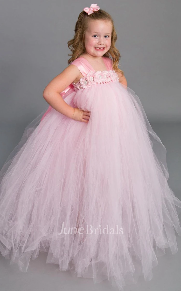 Empire Tulle Dress With Flower&Sash Ribbon