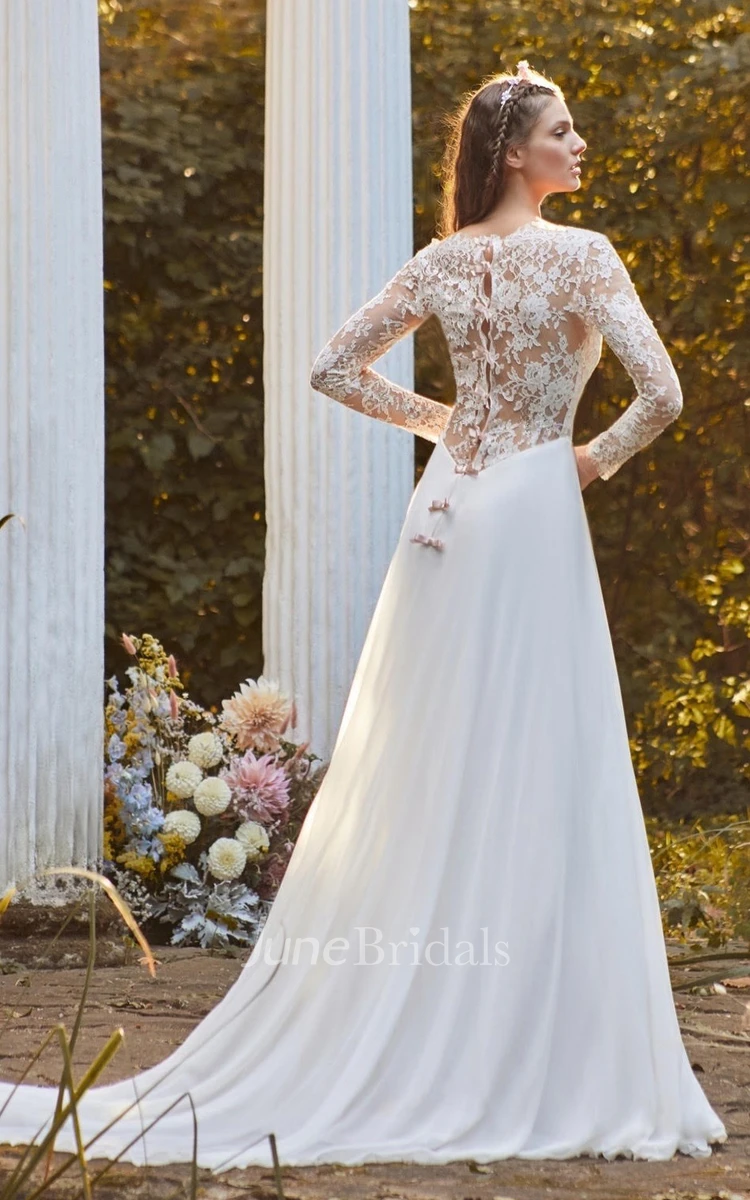 Casual A-Line V-neck Chiffon Wedding Dress With Button Back And Appliques