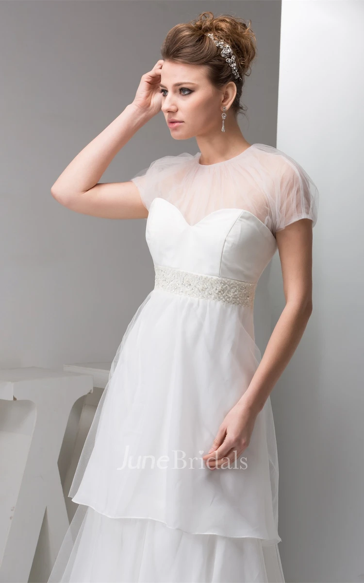 Short-Sleeve Tulle Tiered A-Line Dress with Illusion and Beaded Waist