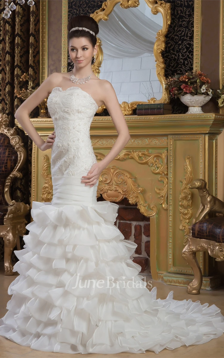 Strapless Mermaid Ruffled Gown with Appliques and Tiers