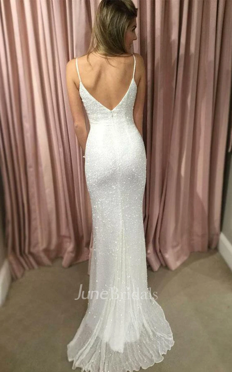 Sheath Spaghetti Straps Sweep Train White Sequined Prom Party Dress