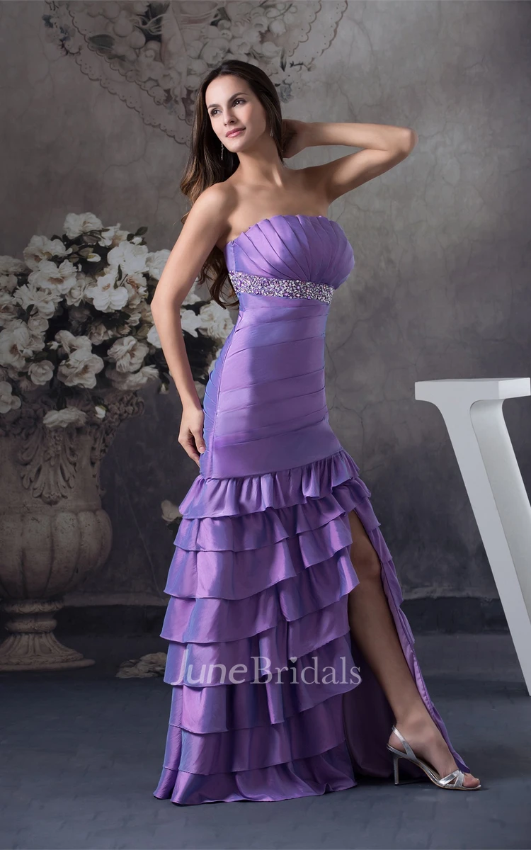 Strapless Ruched Front-Split Dress with Tiers and Jeweled Waist