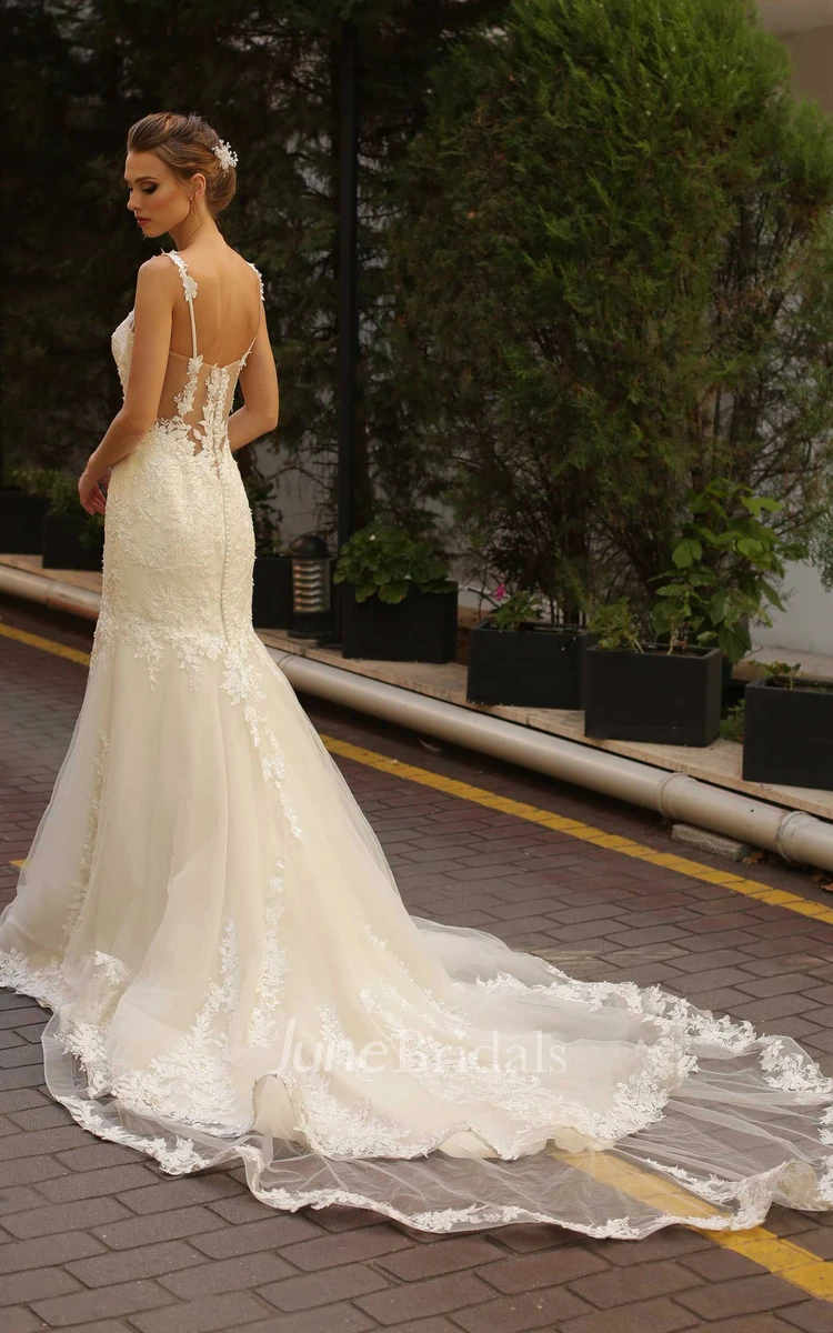 Romantic Sleeveless Court Train Tulle Mermaid Wedding Dress with Appliques