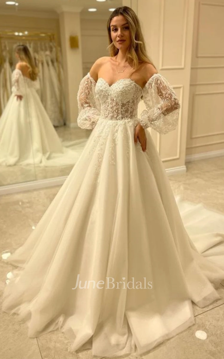 Chapel Train Sexy A Line Tulle Wedding Dress with Ruching and Appliques
