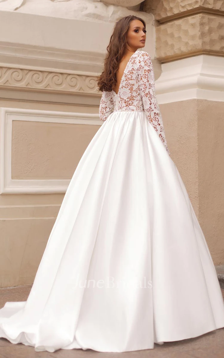 Vintage Satin and Lace V-neck Ball Gown Floor-length Wedding Dress with Ruching