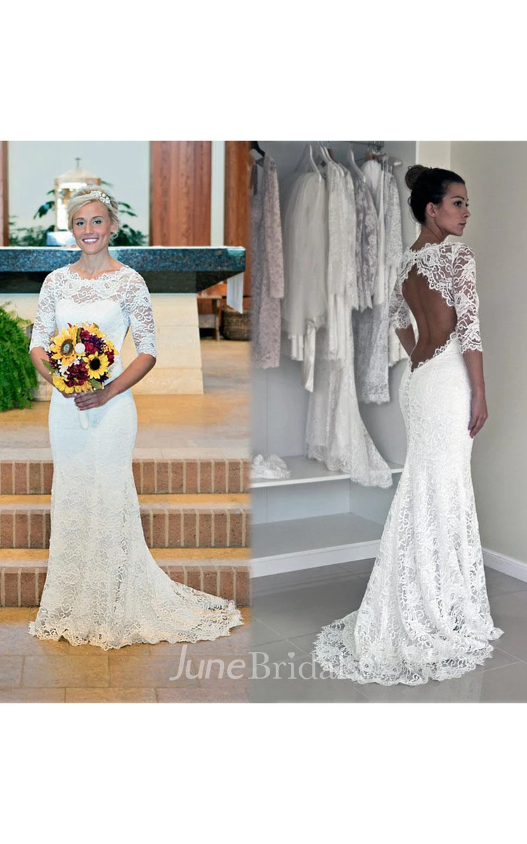 Elegant Illusion Lace Mermaid Wedding Dress Half Sleeve Sweep Train