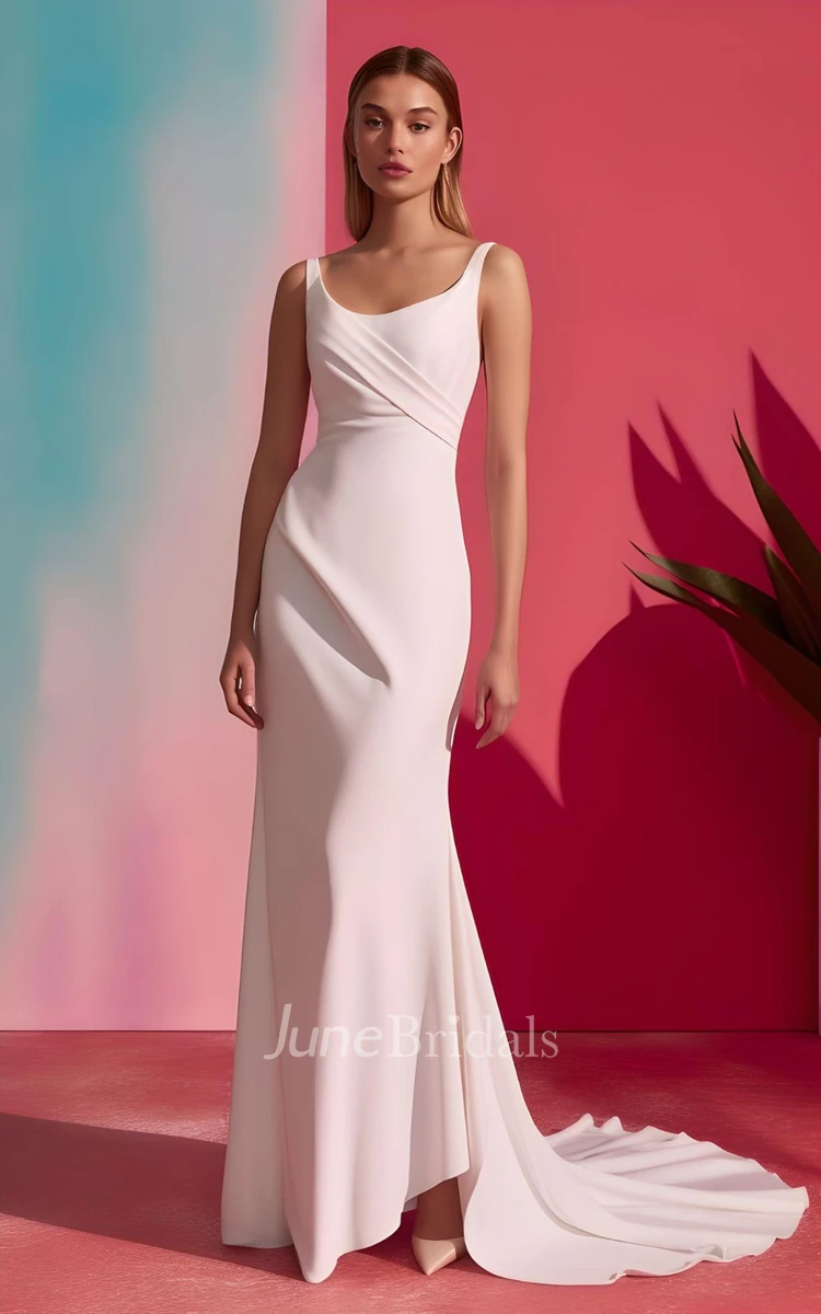 Simple Mermaid Satin Sleeveless Wedding Dress Square Country Garden Court Train V Back Sexy Ethereal Modern