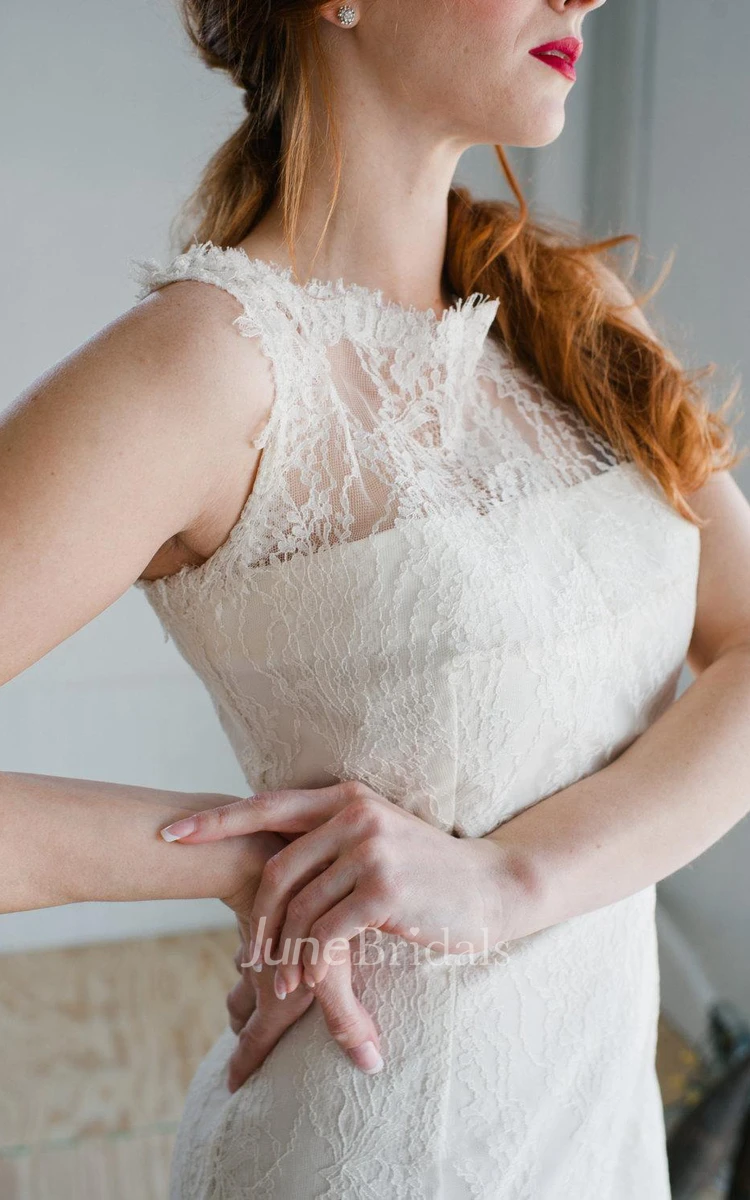 Bateau Neck Sleeveless Sheath Knee-Length Lace Wedding Dress