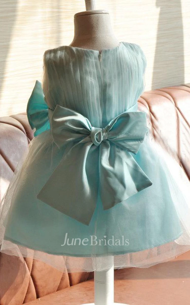 Pleated Sleeveless Jewel Neck Tulle Dress With Bow and Beadings