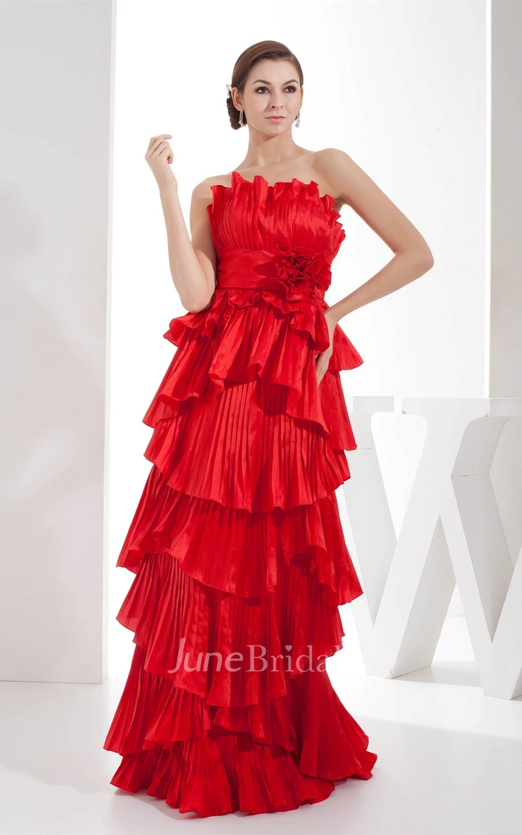 Flamboyant Strapless Tiered Dress with Pleats and Flower