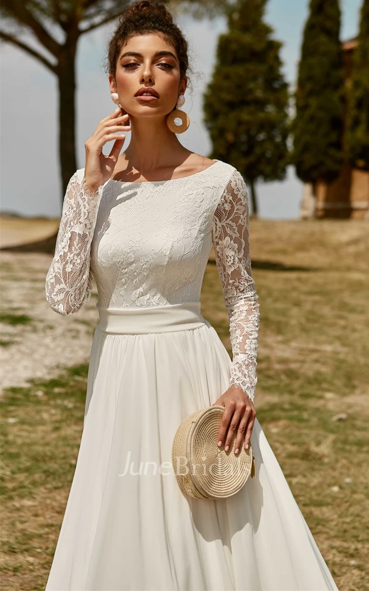 Modest A-Line Ball Gown Chiffon Lace Bateau Neck Wedding Dress with Sash