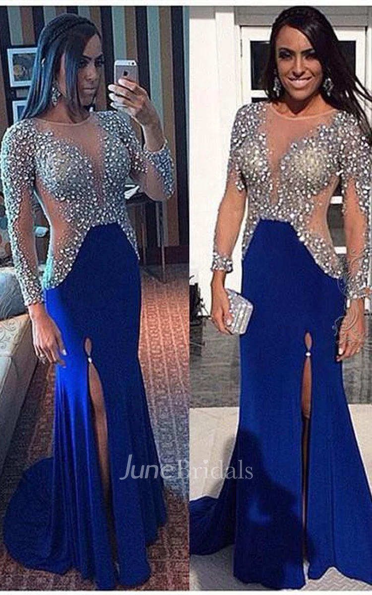 Glamorous Long Sleeve Royal Blue Prom Dresses Crystals With Slit