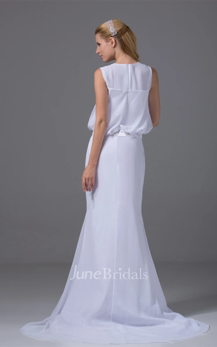 Gossamer Sleeveless Chiffon Mermaid Dress with Beaded Waist and Court Train