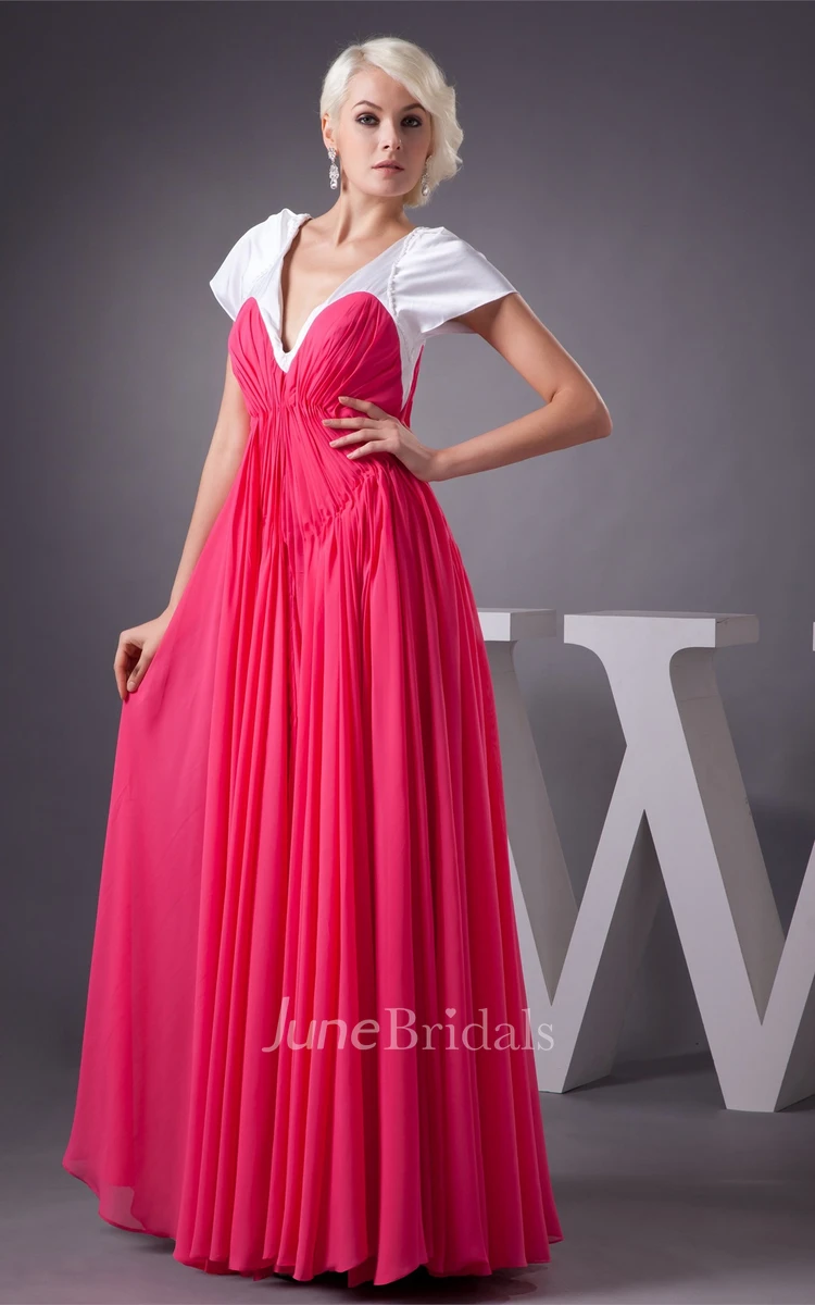 Plunged Short-Sleeve A-Line Gown with Pleats