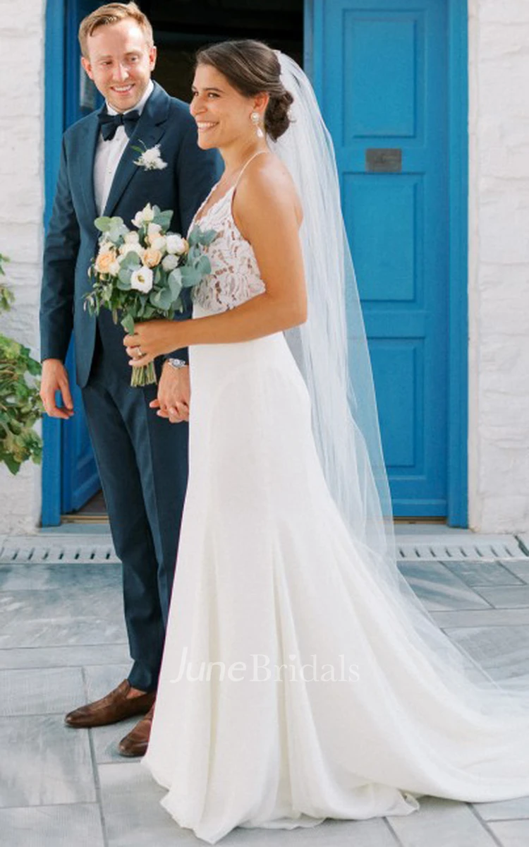 Romantic Trumpet Halter Chiffon Lace Wedding Dress With Open Back