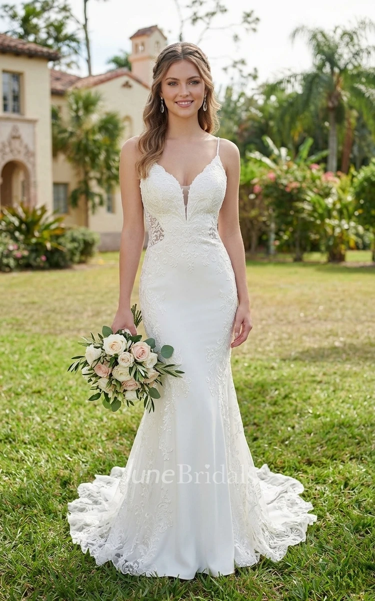Mermaid Plunging V-neck Spaghetti Sexy Elegant Floor-length Sleeveless Beach Country Spring Wedding Dress with Lace Appliques Open Back