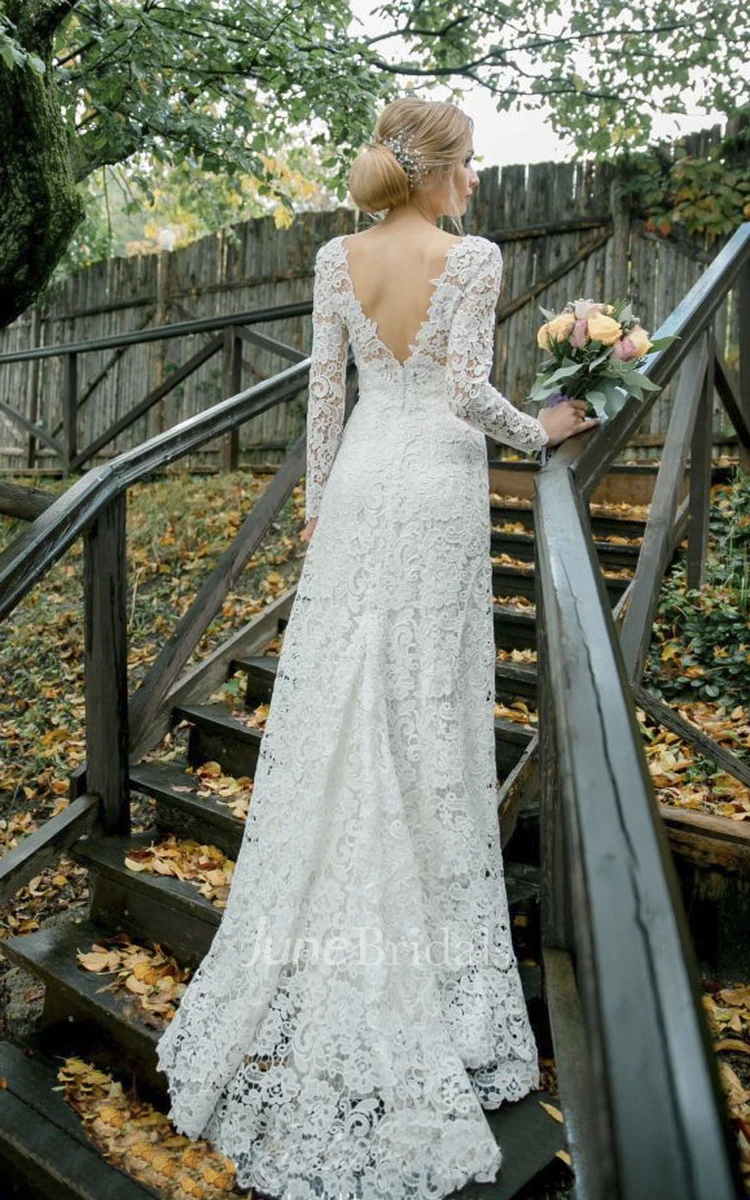Lace Elegant Mermaid Bateau Wedding Dress With V-back