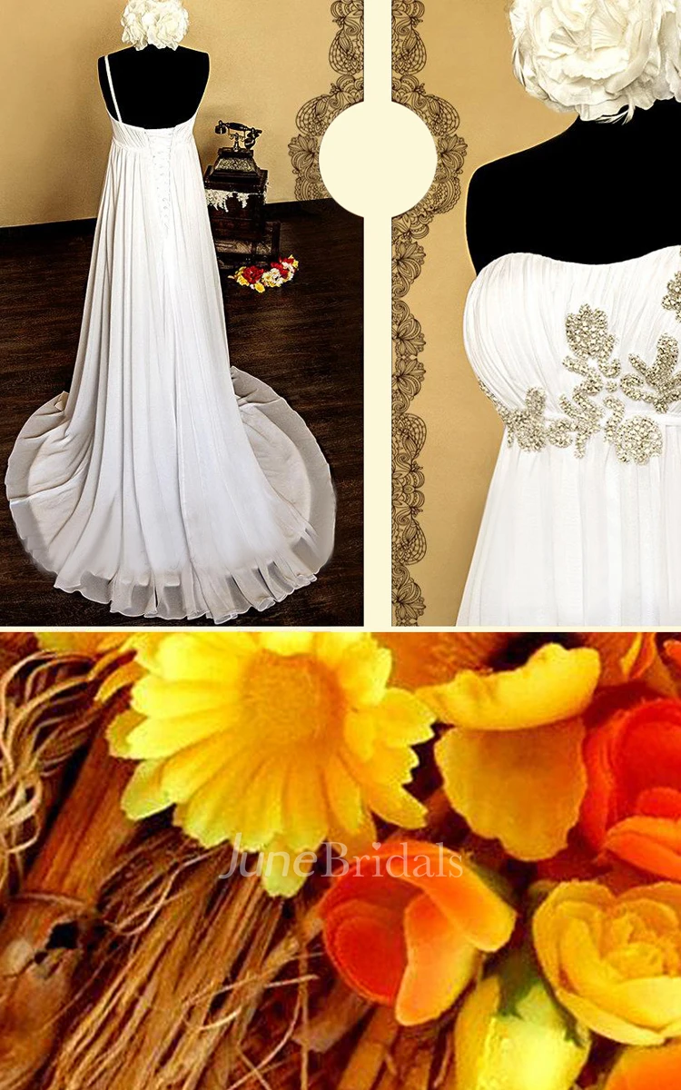 One-Shoulder Empire Lace-Up Back Chiffon Wedding Dress With Beading And Flower