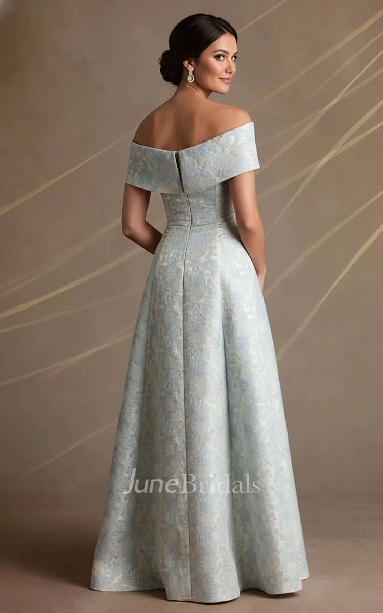 A Line Off Shoulder Floor Length MOB Dress Floral Jacquard Formal Evening Gown with Structured Bodice