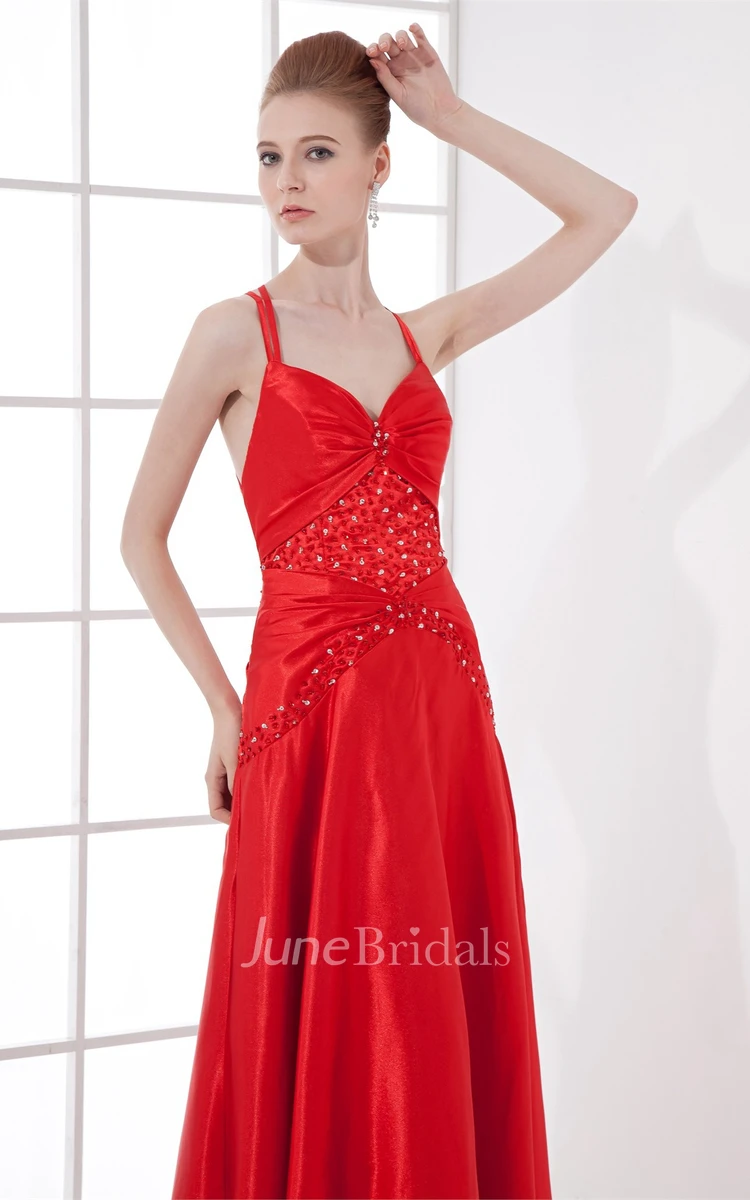 spaghetti-strap satin ankle-length dress with pleats and beading