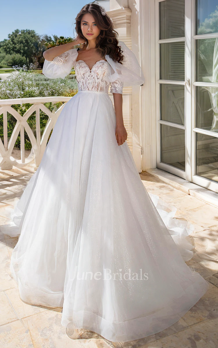 Elegant Vintage Sweetheart Neck A-Line Lace Appliques Tulle Wedding Dress Ethereal Plus Size Floor-length Puffy Sleeve Backless Bridal Gown