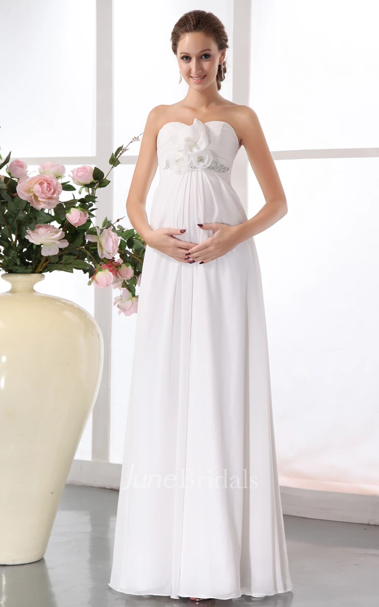 Sweetheart Sleeveless Floral Soft Flowing Fabric Empire Maternity Wedding Dress With Draping