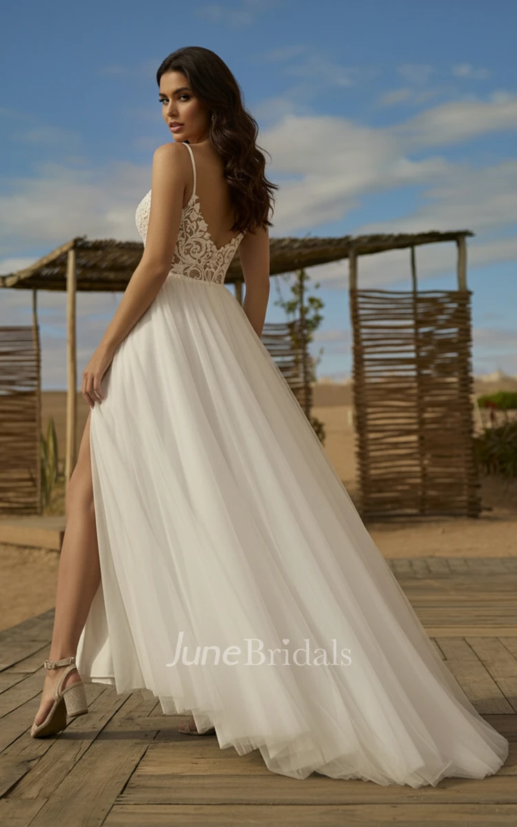 Beach Lace A-Line Spaghetti Wedding Dress Sexy V-Neck Slit Tulle Bridal Gown