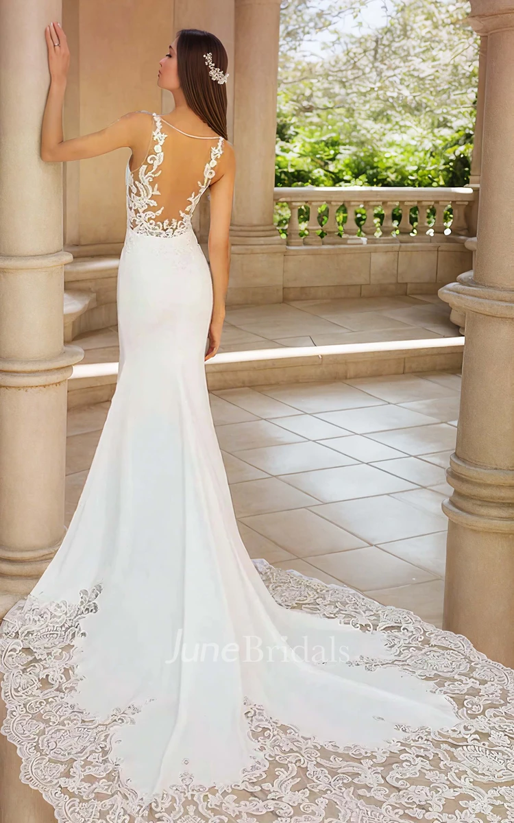 Sexy Vintage Mermaid V-neck Straps Satin Appliques Wedding Dress Elegant Court Sleeveless Floor-length Bridal Gown with Chapel Train Illusion Back