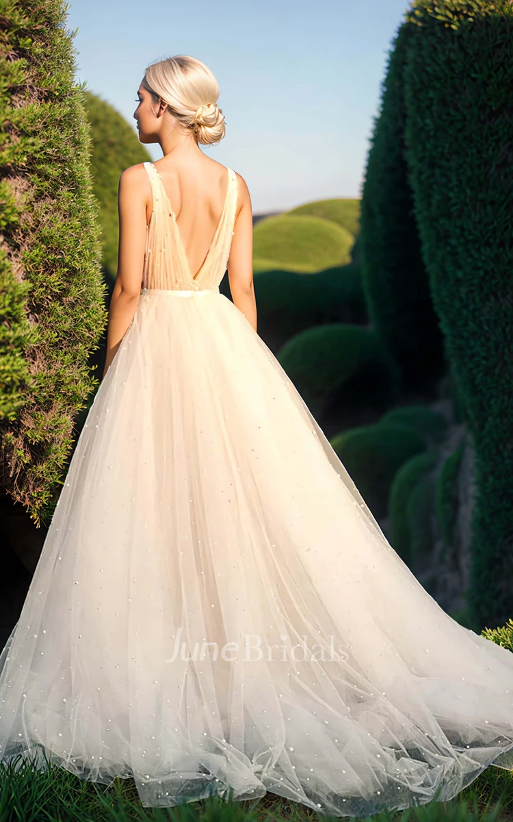 Romantic A-Line Plunging Neckline Tulle Straps Wedding Dress Elegant Ethereal Plus Size Floor-length Sleeveless Backless Beaded Bridal Gown with Sash