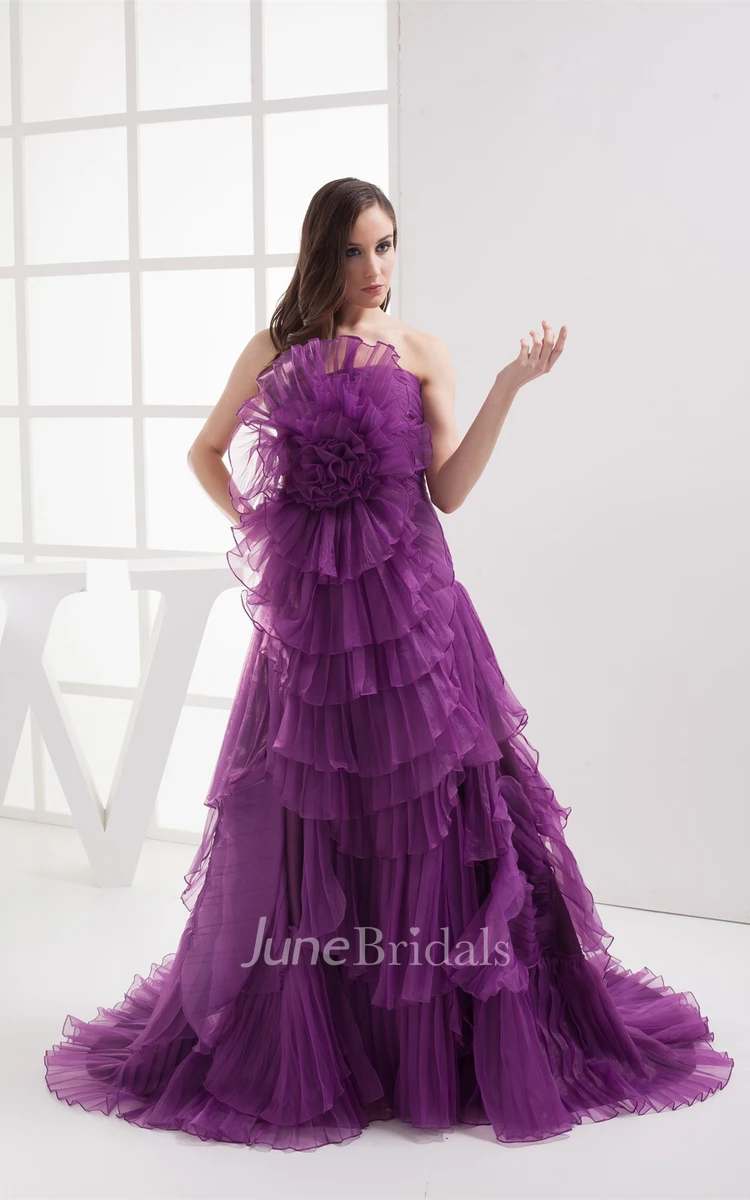 Floral Ruched A-Line Gown with Tiers and Brush Train