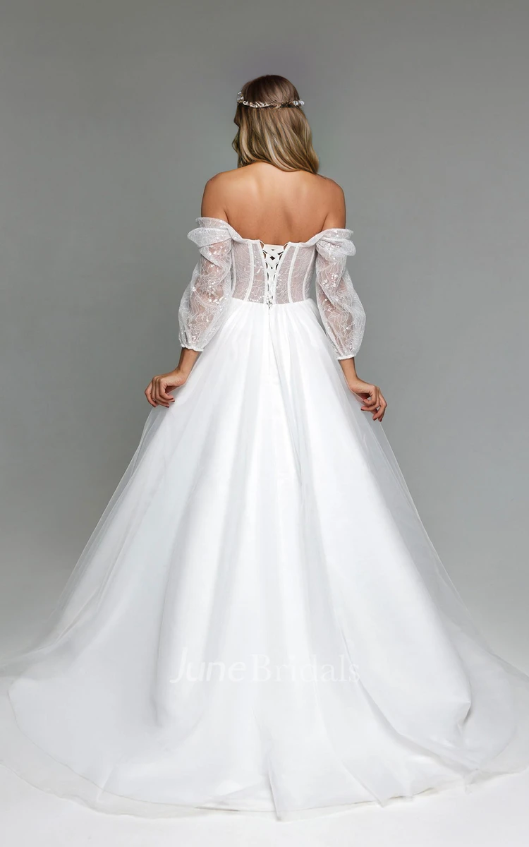 Sexy Unique A-Line Lace Tulle Off-the-shoulder Strapless Wedding Dress Elegant Solid Long Sleeve Floor-length Bridal Gown with Train Lace-up Back