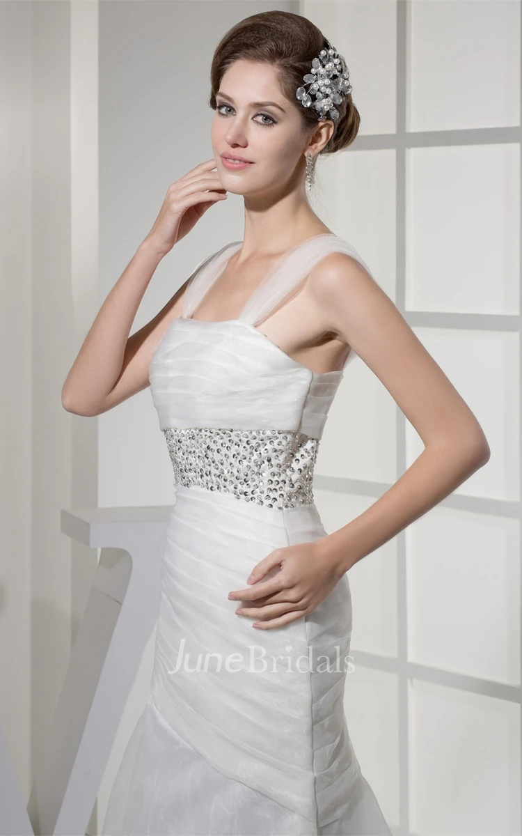 Strapped Mermaid Ruched Gown with Jeweled Waist