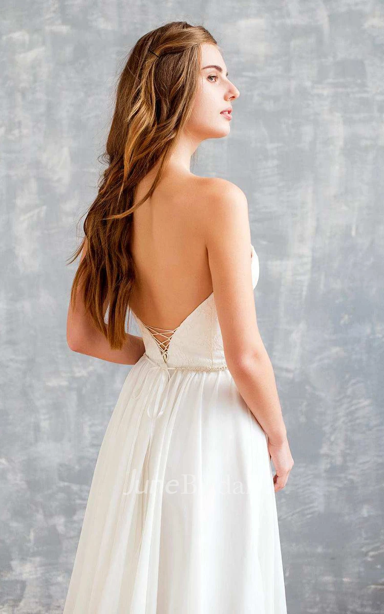 Straps Chiffon Tulle Satin Beaded Lace Button Wedding Dress