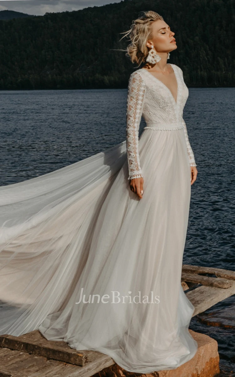 Casual A Line Tulle Wedding Dress With Illusion Long Sleeves And