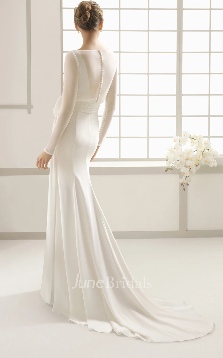 Simple Modest Chiffon Long Sleeve Wedding Dress With Decoratived Buttons and Bow