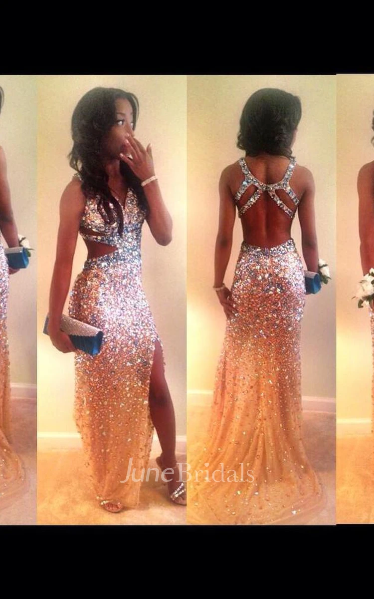 Split Beadings Sexy Prom Dress Stunning Crystal Straps and Front