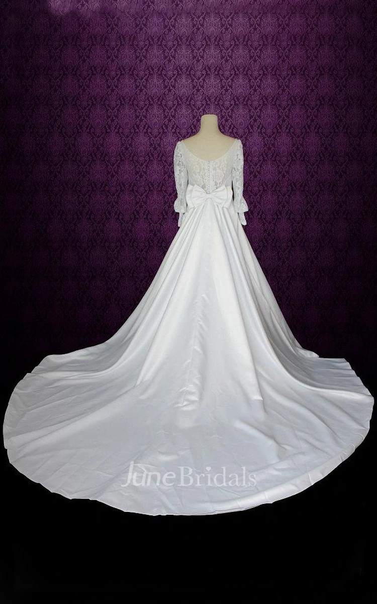Jewel Puff Sleeve Button Back Long Satin Wedding Dress With Bow And Lace