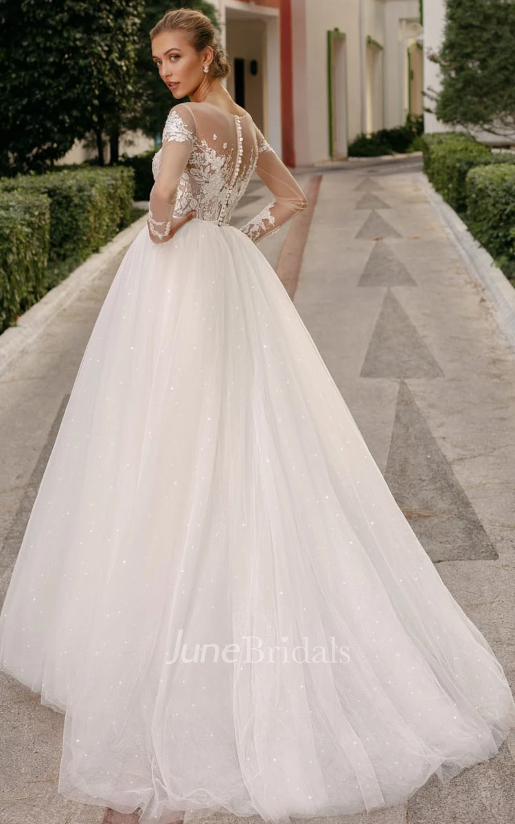 Elegant V-neck Lace Ball Gown Wedding Dress With Long Sleeve And Button Back